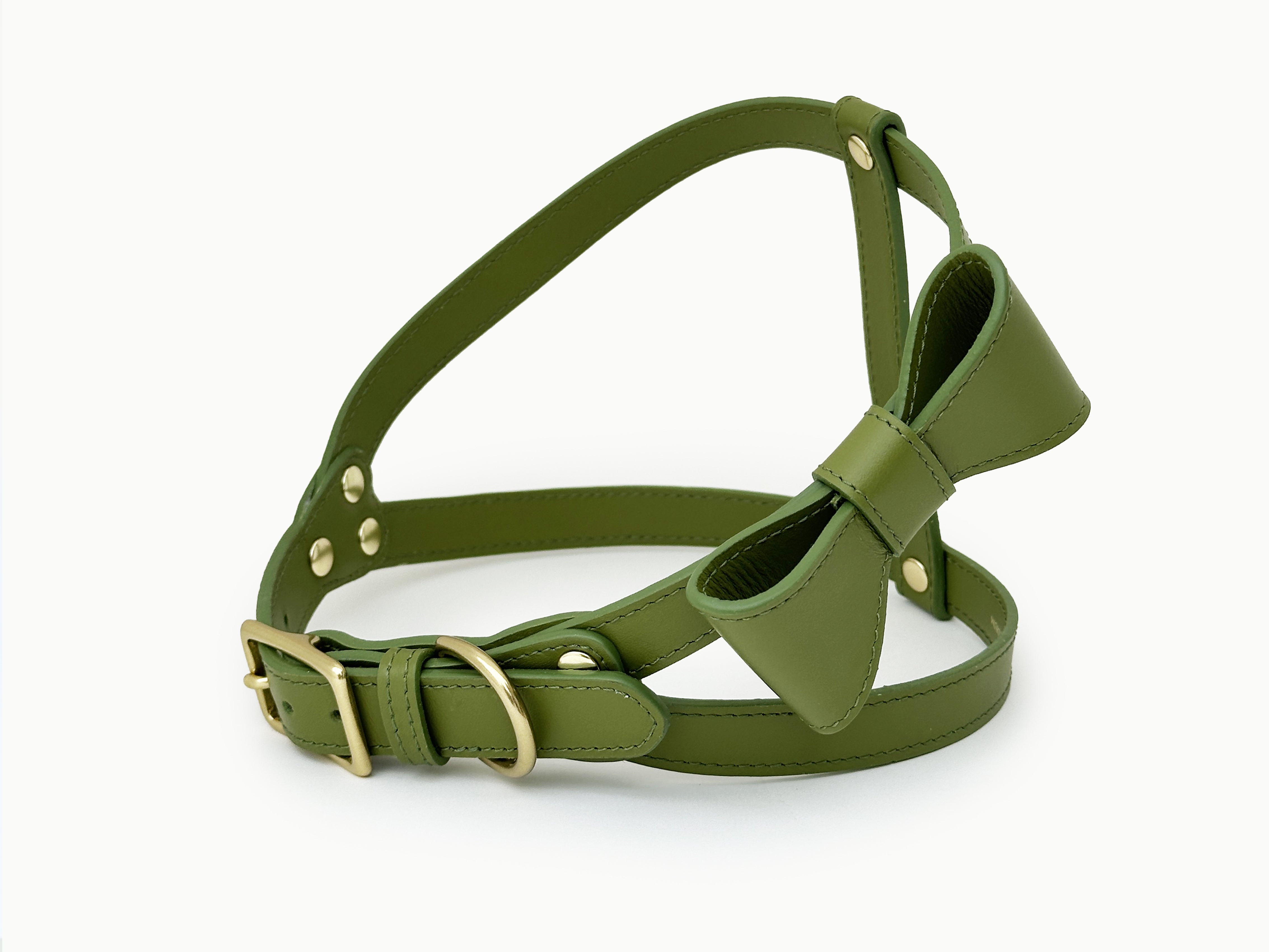 Moss Green leather Harness with removable bow