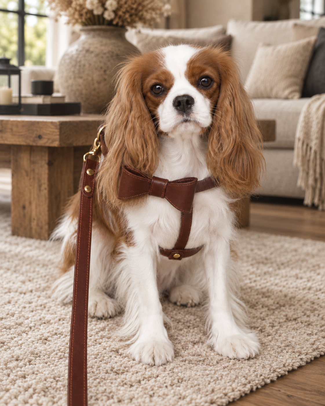 Heritage brown leather harness with removable bow