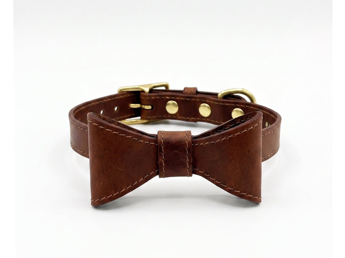 Heritage Brown leather collar with removable bow