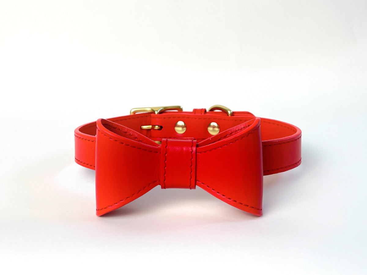 Poppy Red leather collar with removable bow