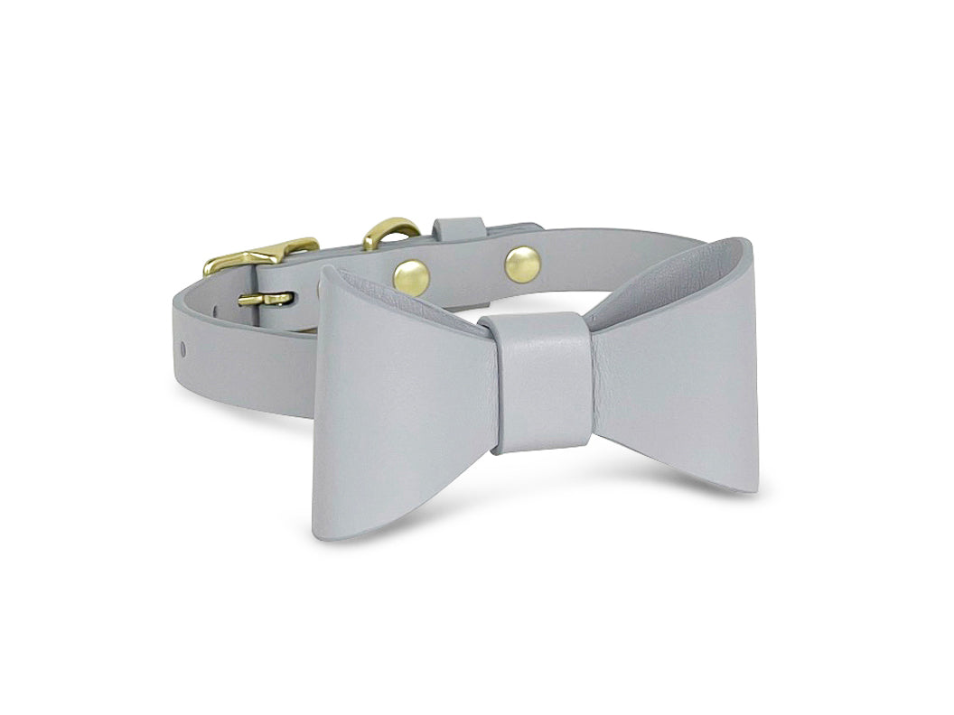 Pearl gray leather collar with removable bow