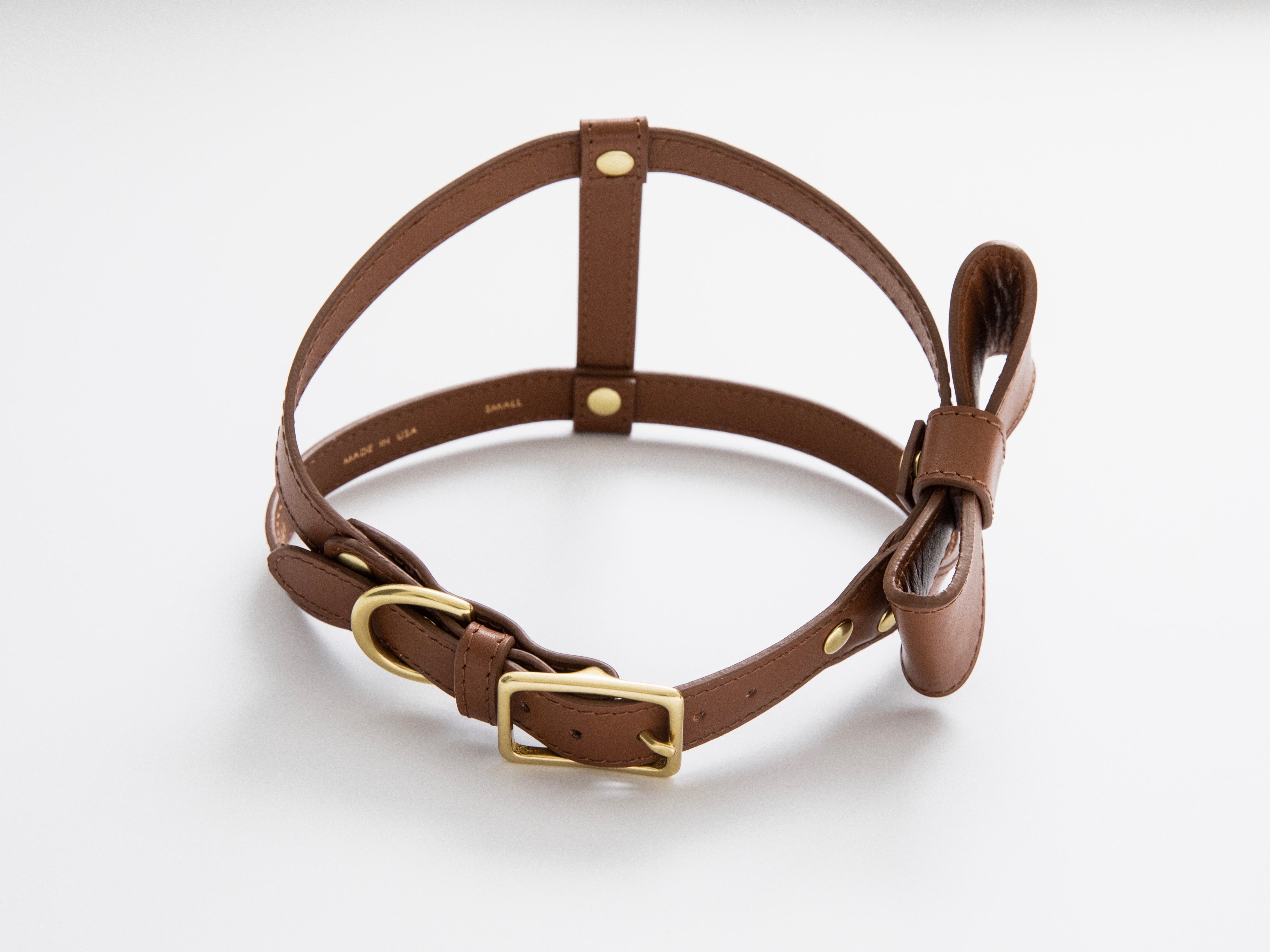 Saddle brown leather harness with removable bow