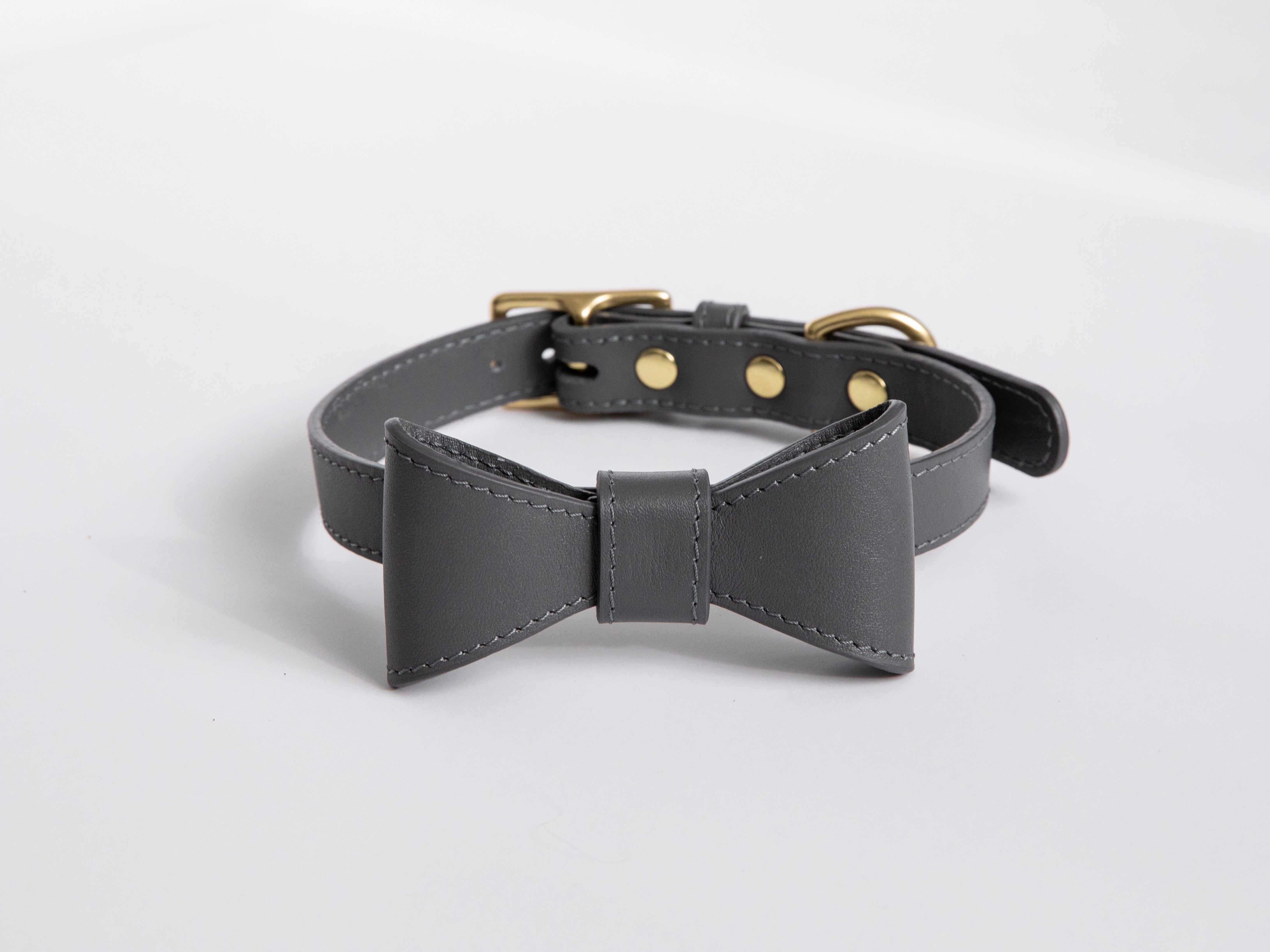 Stone Gray leather collar with removable bow