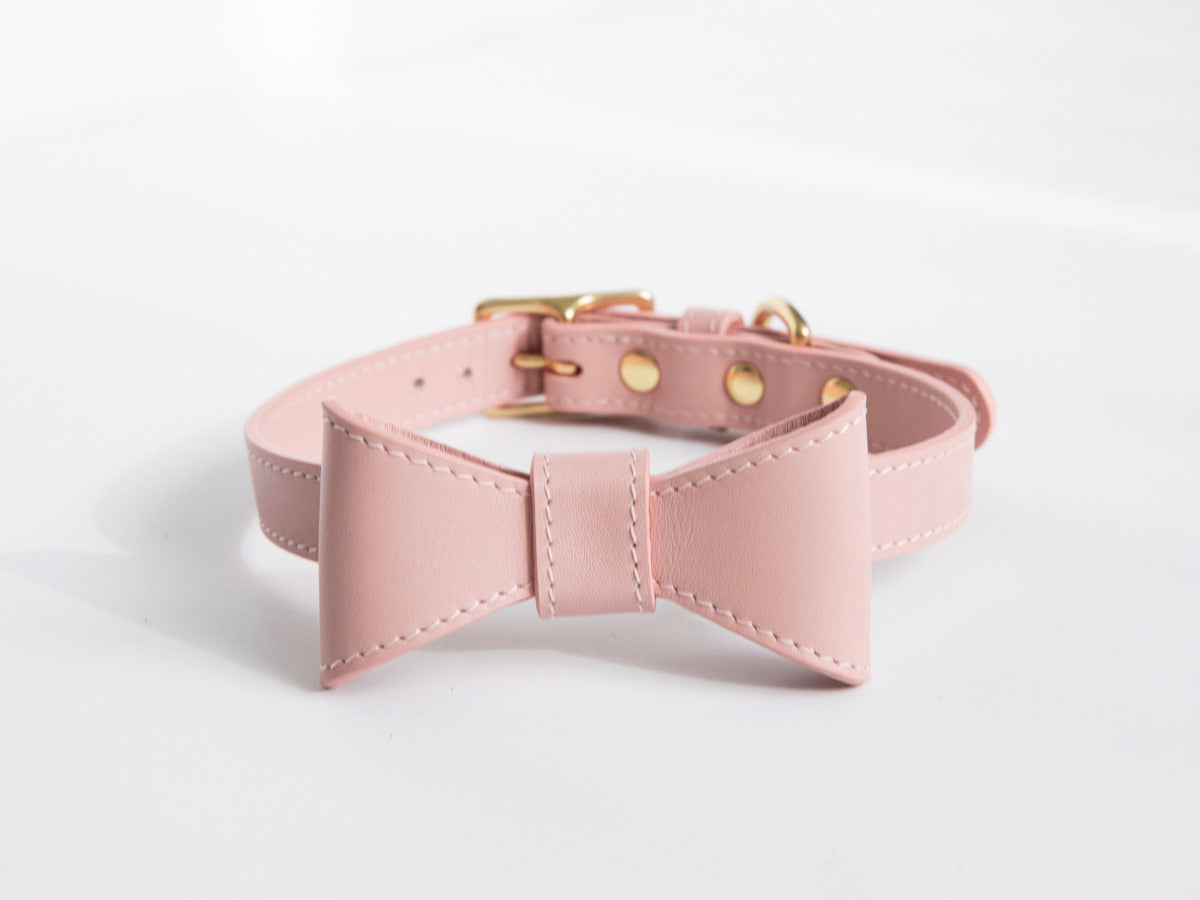 Blush pink leather collar with removable bow