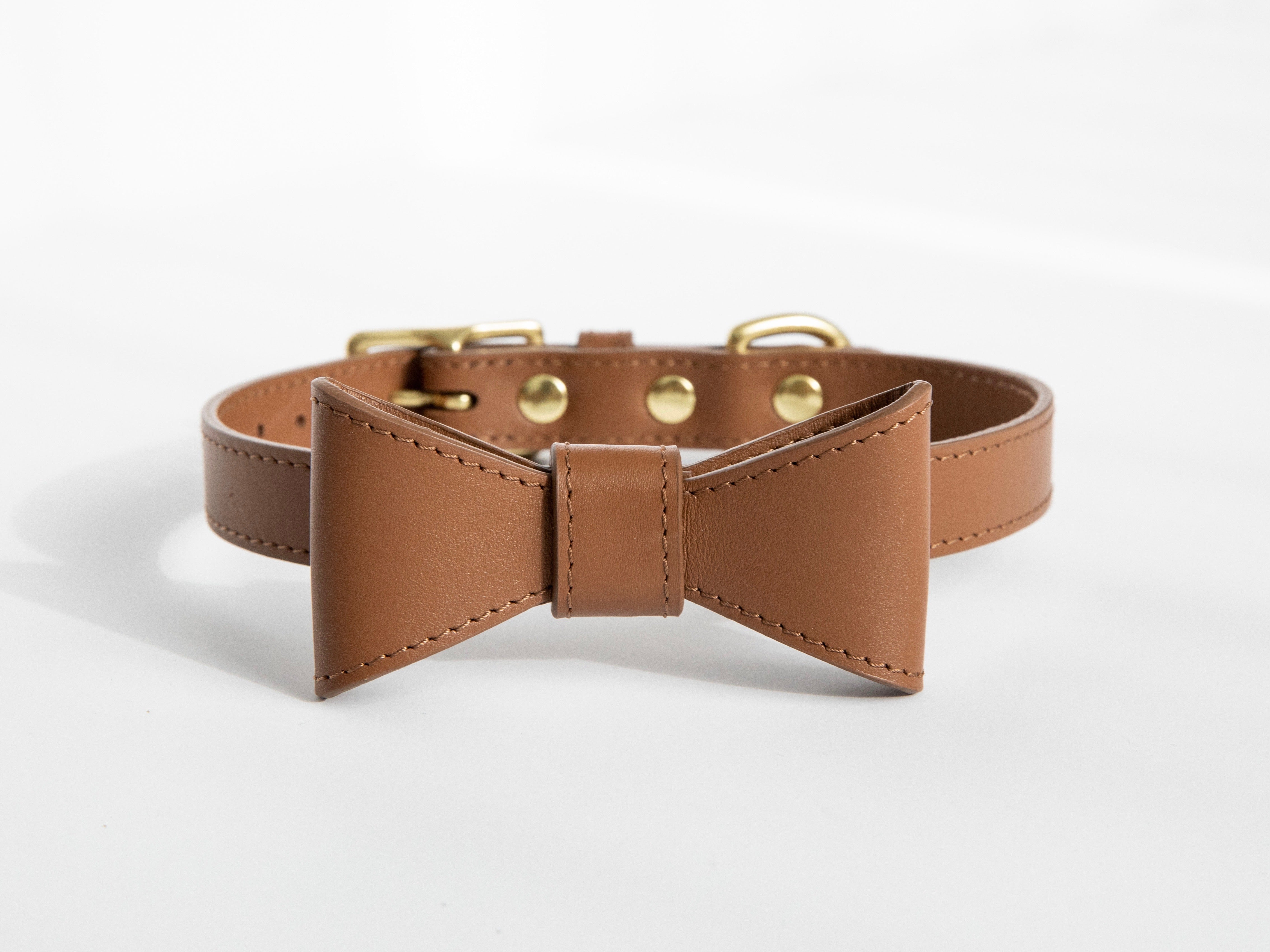 Saddle Brown leather collar with removable bow